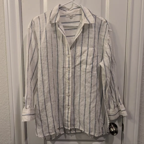 Madewell OG Sheer Oversized Striped White and Blue Button-Up Shirt